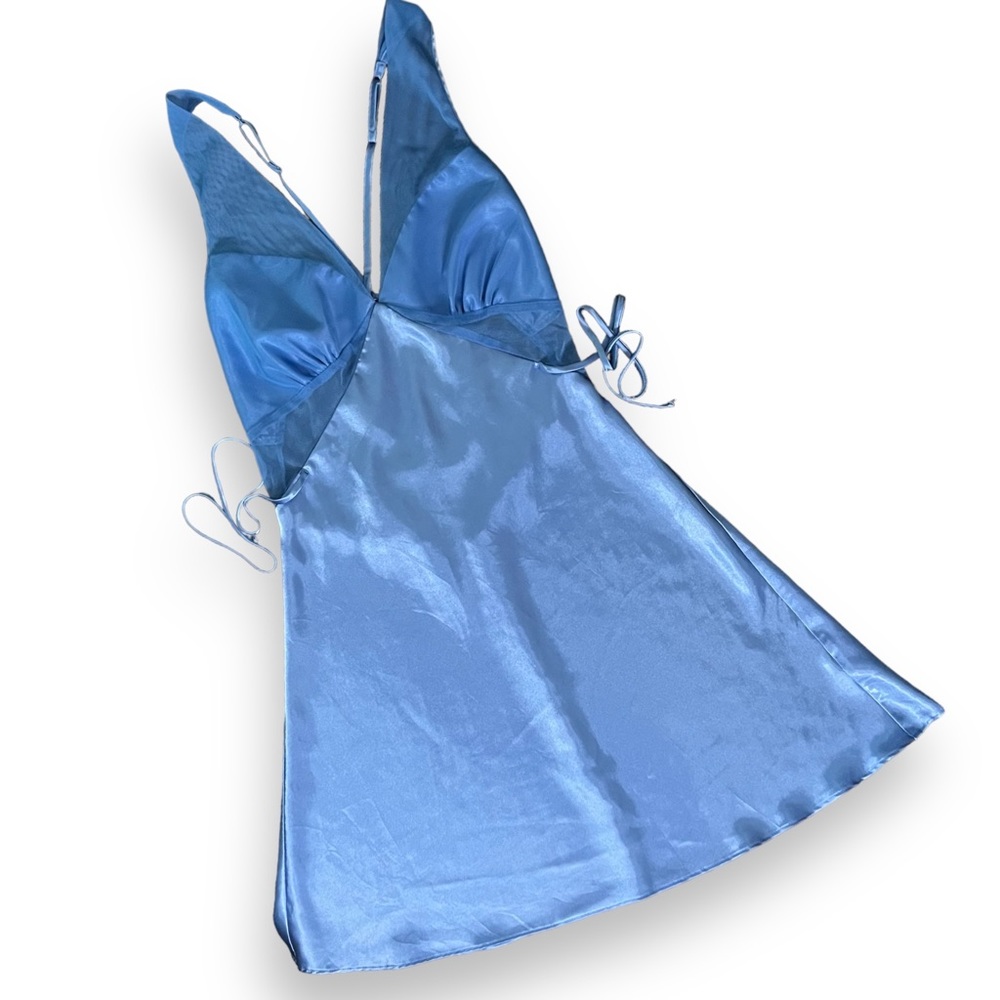 La Vie En Rose Blue Satin V-Neck Mini Dress